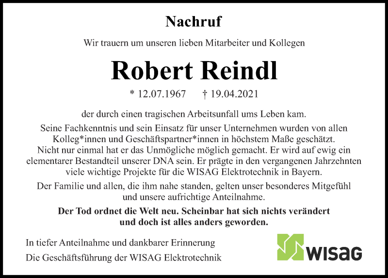  Traueranzeige für Robert Reindl vom 30.04.2021 aus Mittelbayerische Zeitung Gesamtausgabe