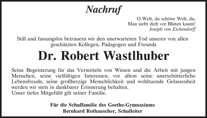  Traueranzeige für Robert Wastlhuber vom 20.04.2021 aus Mittelbayerische Zeitung Regensburg
