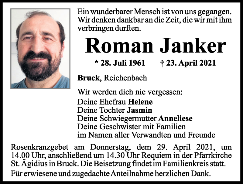  Traueranzeige für Roman Janker vom 27.04.2021 aus Bayerwald Echo