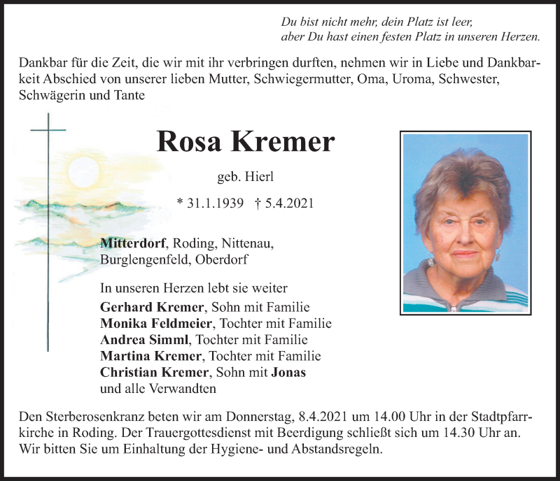  Traueranzeige für Rosa Kremer vom 06.04.2021 aus Bayerwald Echo