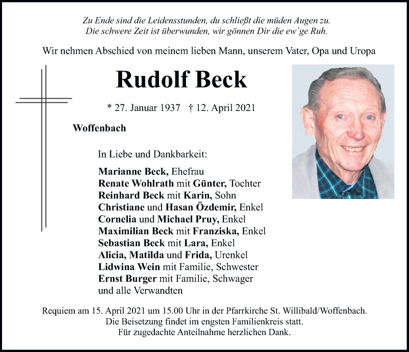  Traueranzeige für Rudolf Beck vom 14.04.2021 aus Neumarkter Tagblatt