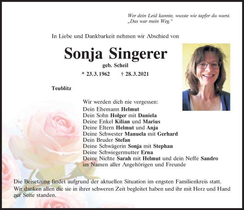  Traueranzeige für Sonja Singerer vom 03.04.2021 aus Mittelbayerische Zeitung Schwandorf