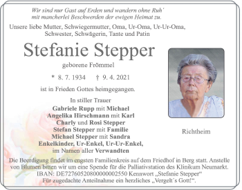 Traueranzeigen von Stefanie Stepper | Mittelbayerische Trauer
