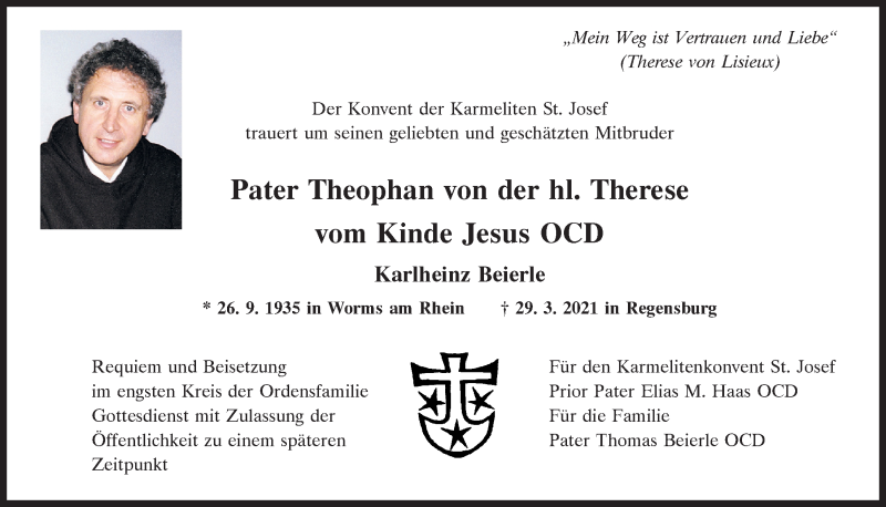  Traueranzeige für Theophan von der hl. Therese vom 03.04.2021 aus Mittelbayerische Zeitung Regensburg