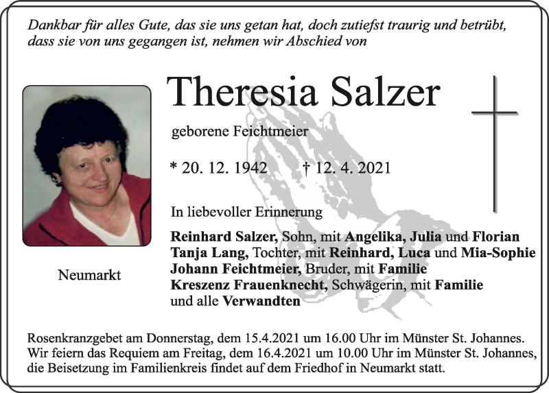  Traueranzeige für Theresia Salzer vom 14.04.2021 aus Neumarkter Tagblatt
