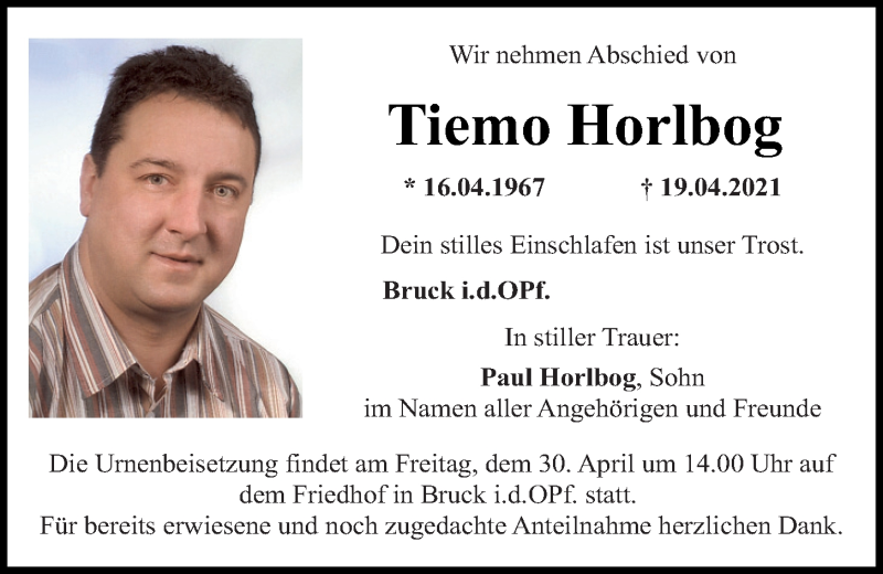  Traueranzeige für Tiemo Horlbog vom 28.04.2021 aus Mittelbayerische Zeitung Regensburg
