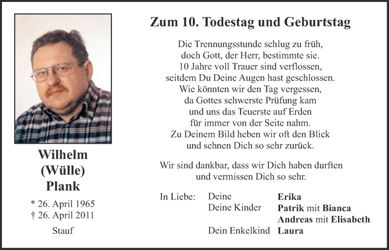  Traueranzeige für Wilhelm Plank vom 26.04.2021 aus Neumarkter Tagblatt