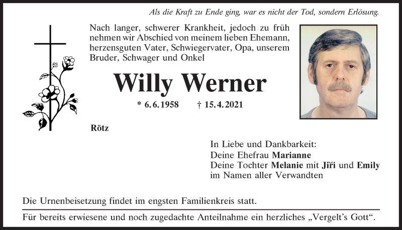  Traueranzeige für Willy Werner vom 22.04.2021 aus Bayerwald Echo