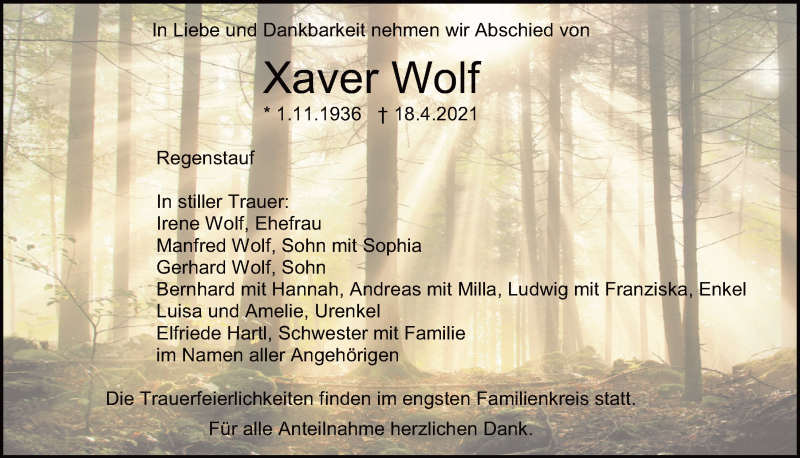  Traueranzeige für Xaver Wolf vom 21.04.2021 aus Mittelbayerische Zeitung Regensburg