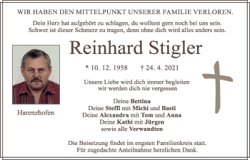 Traueranzeige von Reinhard Stigler von Mittelbayerischer Verlag