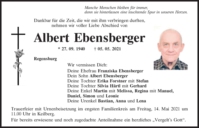  Traueranzeige für Albert Ebensberger vom 08.05.2021 aus Mittelbayerische Zeitung Regensburg