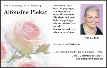 Traueranzeige von Alfonsine Plekat von Mittelbayerische Zeitung Regensburg