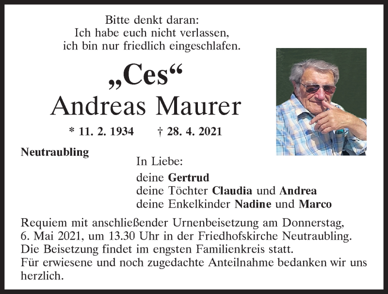  Traueranzeige für Andreas Maurer vom 03.05.2021 aus Mittelbayerische Zeitung Regensburg