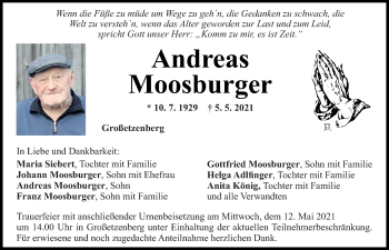 Traueranzeige von Andreas Moosburger von Mittelbayerische Zeitung Regensburg