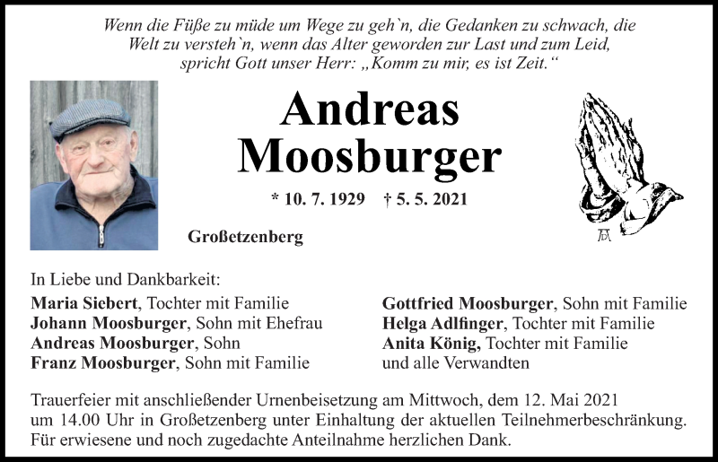  Traueranzeige für Andreas Moosburger vom 08.05.2021 aus Mittelbayerische Zeitung Regensburg