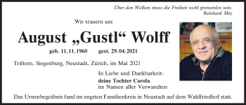 Traueranzeige von August Wolff von Mittelbayerische Zeitung Kelheim