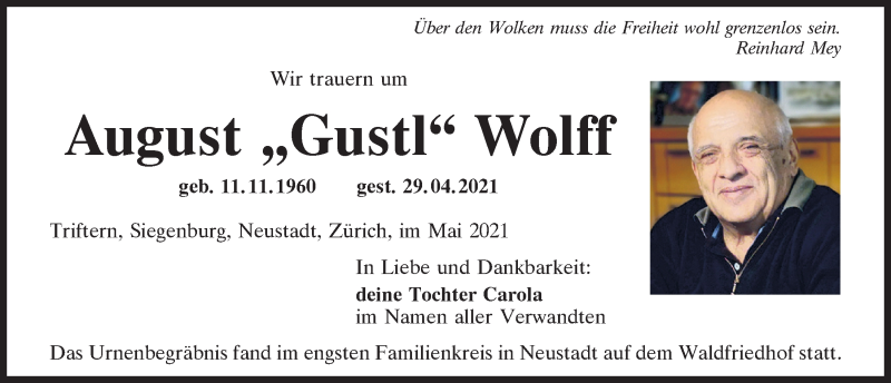  Traueranzeige für August Wolff vom 08.05.2021 aus Mittelbayerische Zeitung Kelheim