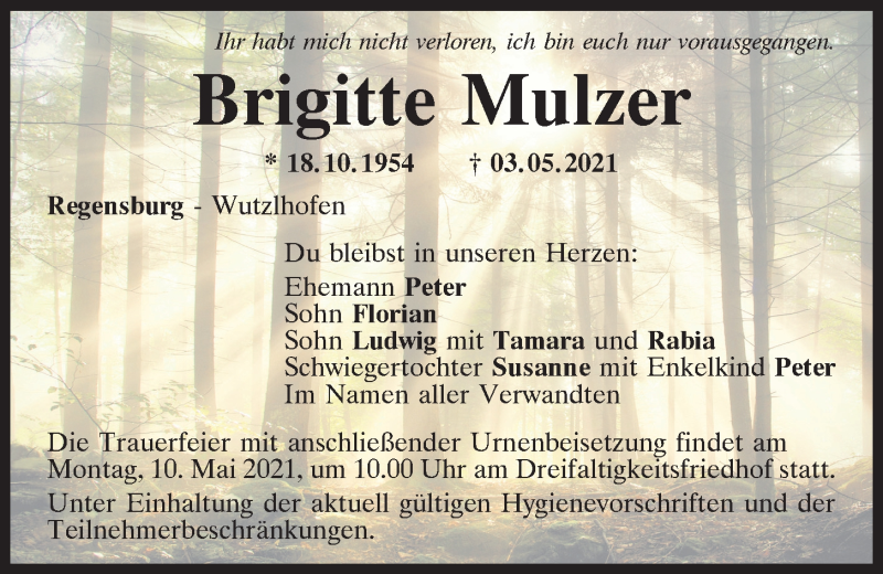  Traueranzeige für Brigitte Mulzer vom 06.05.2021 aus Mittelbayerische Zeitung Regensburg