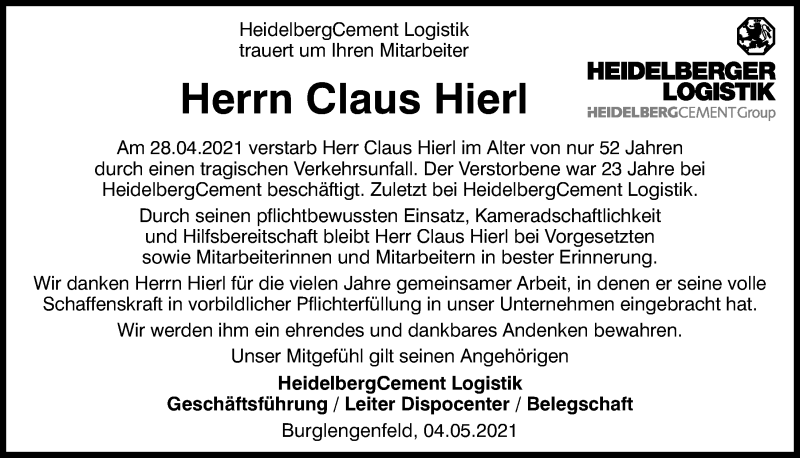  Traueranzeige für Claus Hierl vom 05.05.2021 aus Mittelbayerische Zeitung Schwandorf