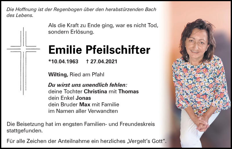  Traueranzeige für Emilie Pfeilschifter vom 04.05.2021 aus Bayerwald Echo
