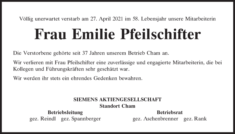  Traueranzeige für Emilie Pfeilschifter vom 05.05.2021 aus Bayerwald Echo