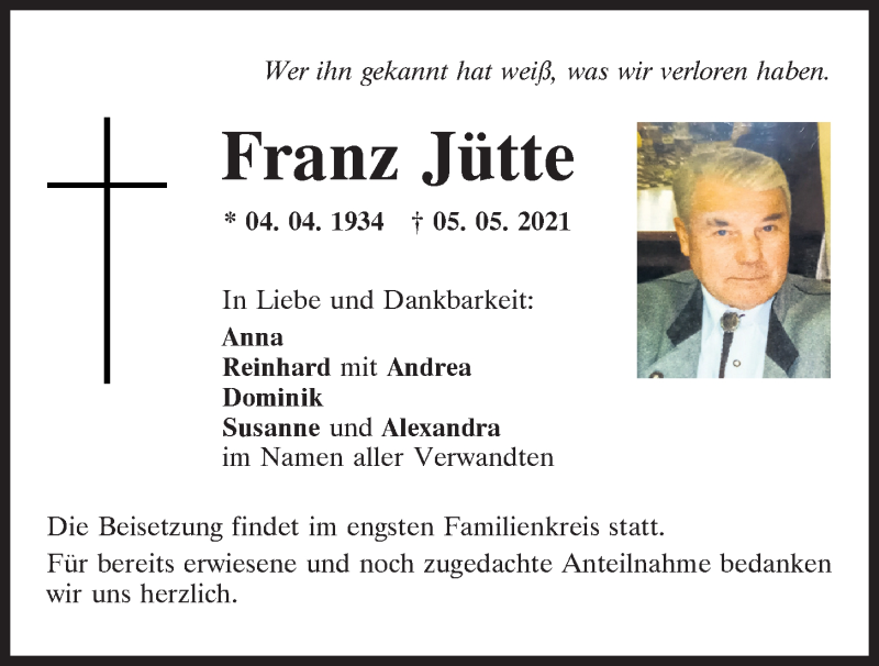  Traueranzeige für Franz Jütte vom 08.05.2021 aus Mittelbayerische Zeitung Regensburg