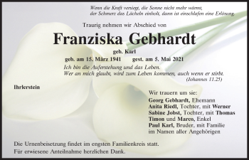 Traueranzeige von Franziska Gebhardt von Mittelbayerische Zeitung Kelheim