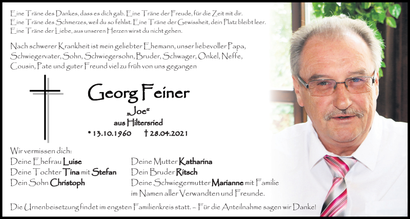  Traueranzeige für Georg Feiner vom 06.05.2021 aus Bayerwald Echo