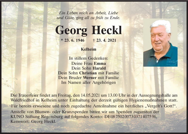  Traueranzeige für Georg Heckl vom 08.05.2021 aus Mittelbayerische Zeitung Kelheim