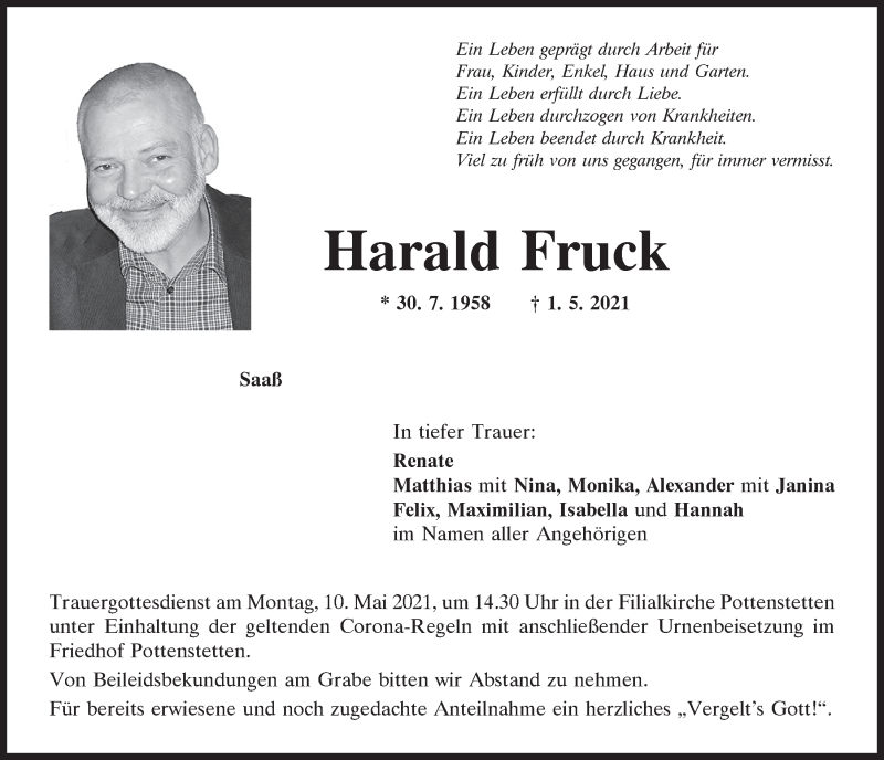  Traueranzeige für Harald Fruck vom 04.05.2021 aus Mittelbayerische Zeitung Schwandorf