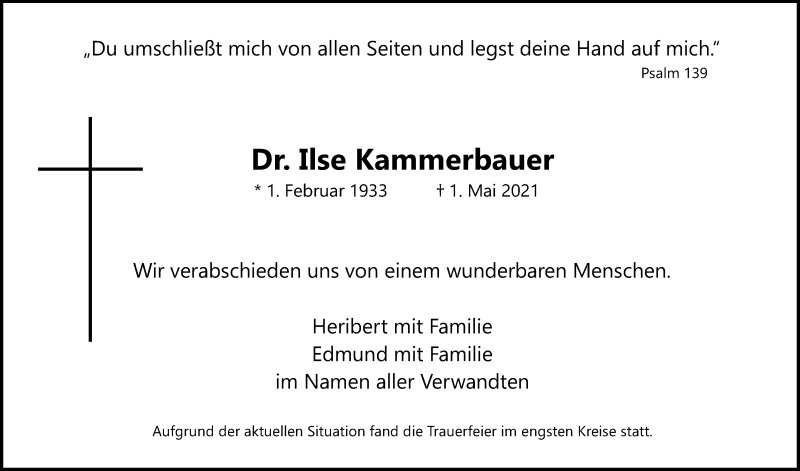  Traueranzeige für Ilse Kammerbauer vom 08.05.2021 aus Mittelbayerische Zeitung Regensburg