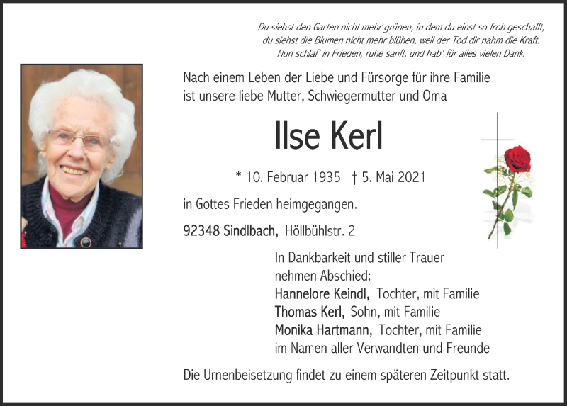  Traueranzeige für Ilse Kerl vom 06.05.2021 aus Neumarkter Tagblatt