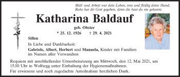 Traueranzeige von Katharina Baldauf von Mittelbayerische Zeitung Regensburg