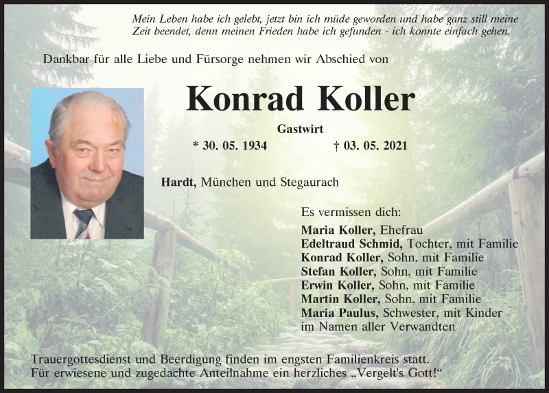  Traueranzeige für Konrad Koller vom 04.05.2021 aus Mittelbayerische Zeitung Regensburg