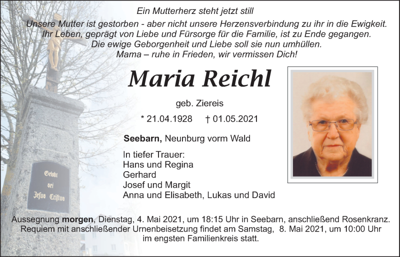  Traueranzeige für Maria Reichl vom 03.05.2021 aus Mittelbayerische Zeitung Schwandorf