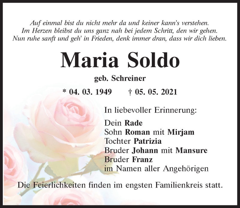  Traueranzeige für Maria Soldo vom 08.05.2021 aus Mittelbayerische Zeitung Regensburg