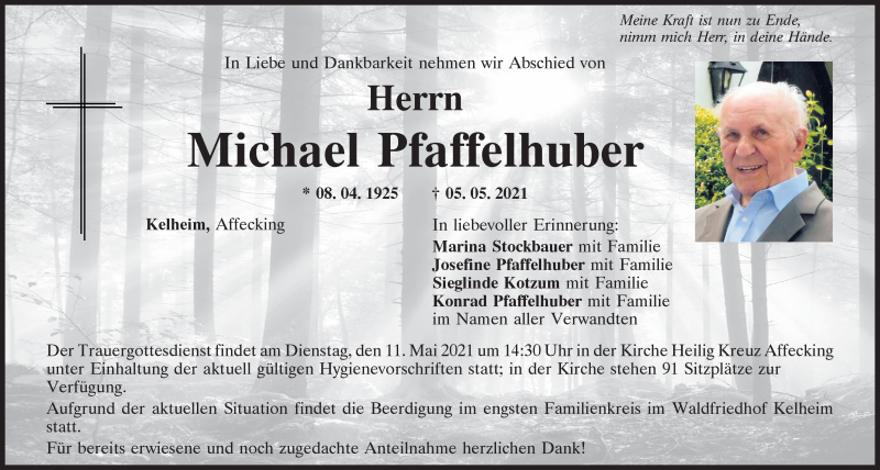  Traueranzeige für Michael Pfaffelhuber vom 08.05.2021 aus Mittelbayerische Zeitung Kelheim