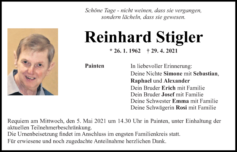  Traueranzeige für Reinhard Stigler vom 04.05.2021 aus Mittelbayerische Zeitung Kelheim
