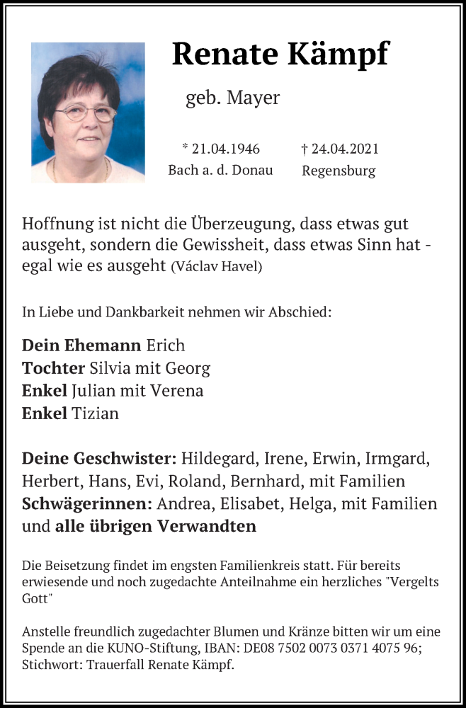  Traueranzeige für Renate Kämpf vom 04.05.2021 aus Mittelbayerische Zeitung Regensburg