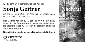 Traueranzeige von Sonja Geitner von Mittelbayerische Zeitung Kelheim