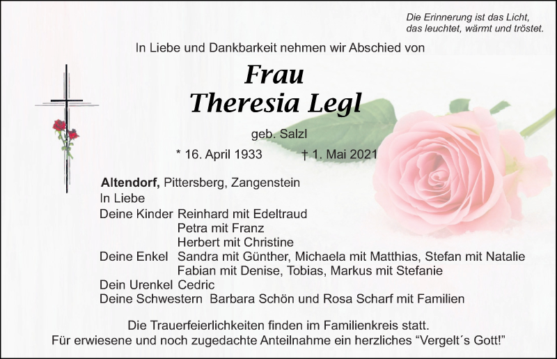  Traueranzeige für Theresia Legl vom 04.05.2021 aus Mittelbayerische Zeitung Schwandorf
