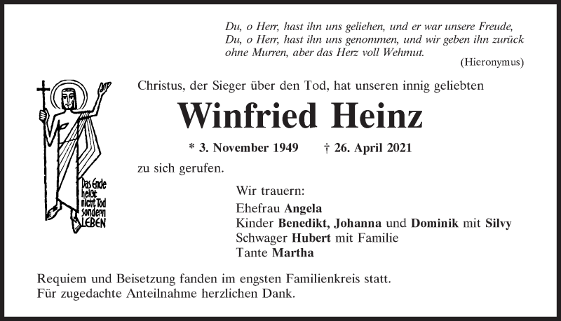  Traueranzeige für Winfried Heinz vom 04.05.2021 aus Mittelbayerische Zeitung Kelheim