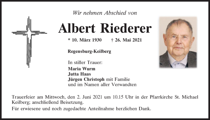  Traueranzeige für Albert Riederer vom 29.05.2021 aus Mittelbayerische Zeitung Regensburg