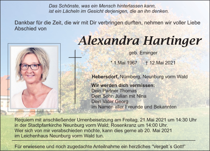  Traueranzeige für Alexandra Hartinger vom 15.05.2021 aus Mittelbayerische Zeitung Schwandorf