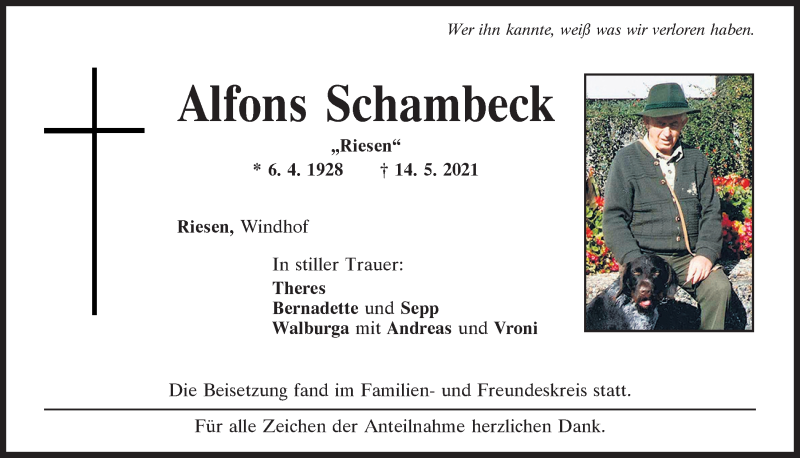  Traueranzeige für Alfons Schambeck vom 20.05.2021 aus Bayerwald Echo