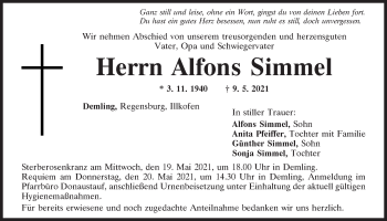 Traueranzeige von Alfons Simmel von Mittelbayerische Zeitung Regensburg