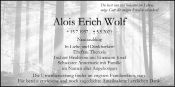 Traueranzeige von Alois Erich Wolf von Mittelbayerische Zeitung Regensburg
