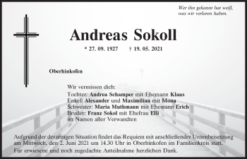 Traueranzeige von Andreas Sokoll von Mittelbayerische Zeitung Regensburg