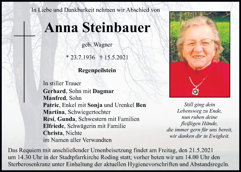  Traueranzeige für Anna Steinbauer vom 19.05.2021 aus Bayerwald Echo