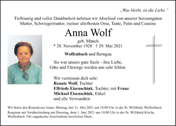 Traueranzeige von Anna Wolf von Neumarkter Tagblatt